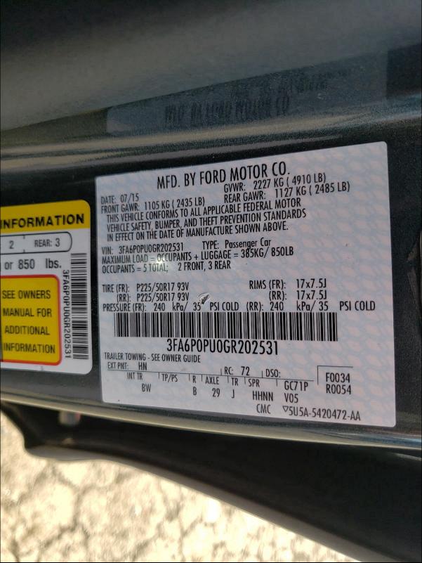 2016 FORD FUSION SE - 3FA6P0PU0GR202531