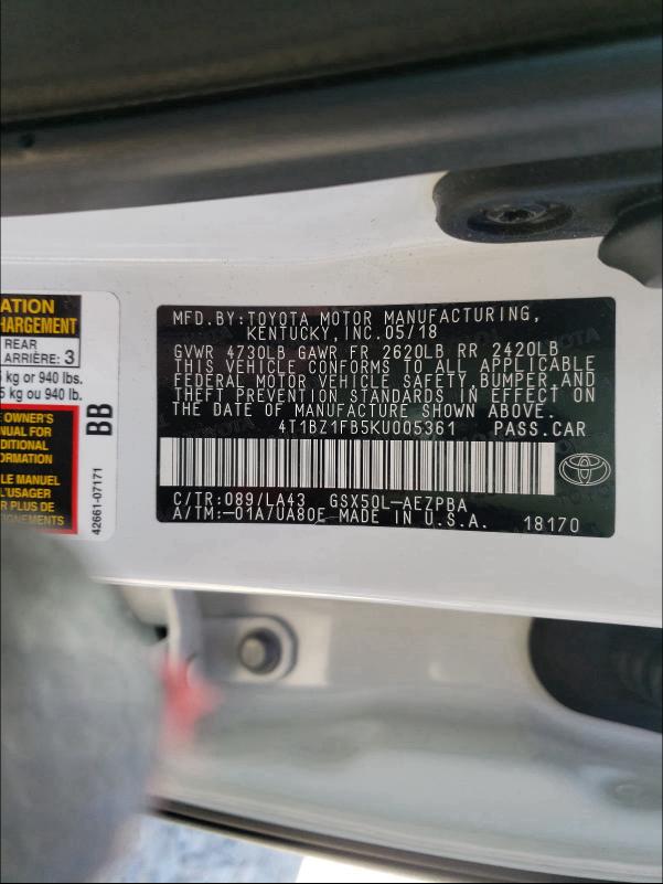 2019 TOYOTA AVALON XLE 4T1BZ1FB5KU005361