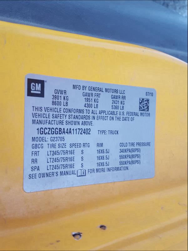 2010 CHEVROLET EXPRESS G2 1GCZGGBA4A1172402