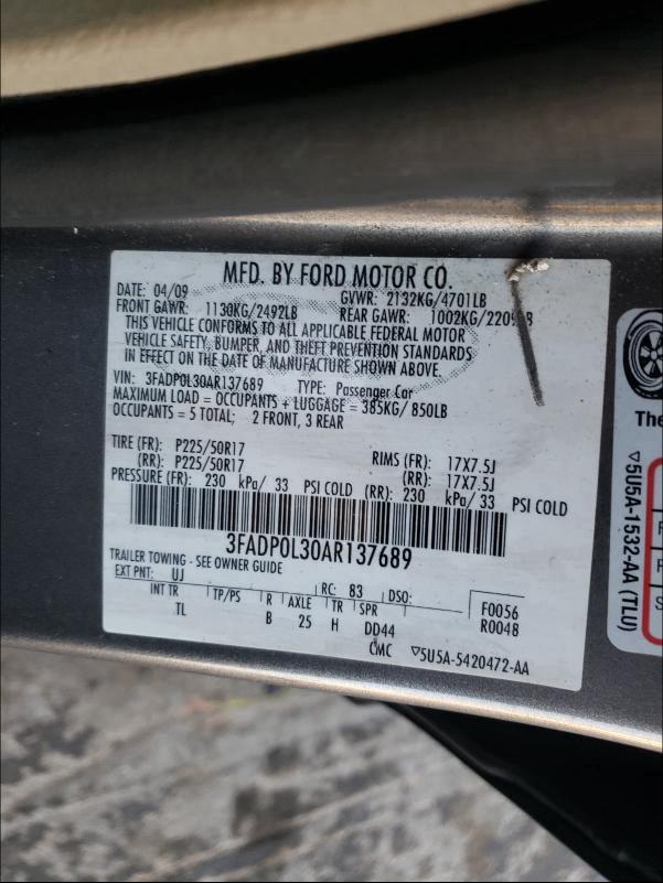 2010 FORD FUSION HYB 3FADP0L30AR137689