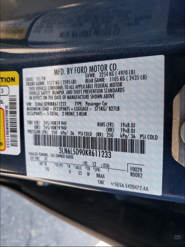 2019 LINCOLN MKZ RESERV 3LN6L5D90KR611233