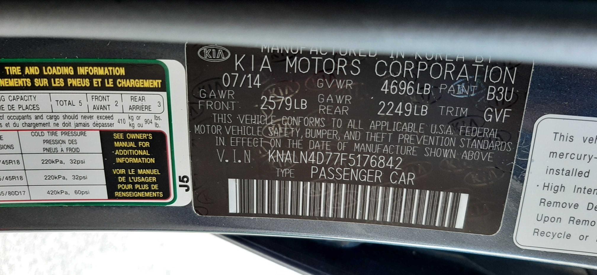 2015 KIA CADENZA PR KNALN4D77F5176842
