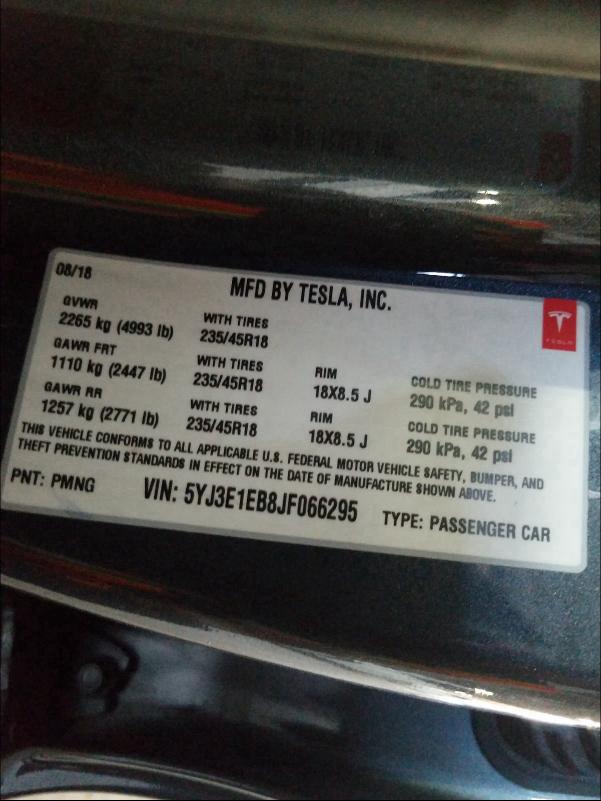 2018 TESLA MODEL 3 5YJ3E1EB8JF066295