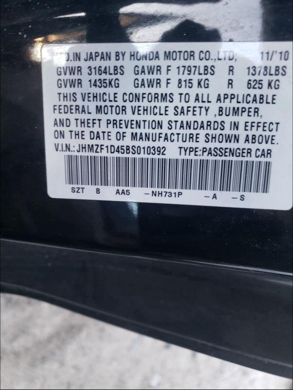 2011 HONDA CR-Z JHMZF1D45BS010392