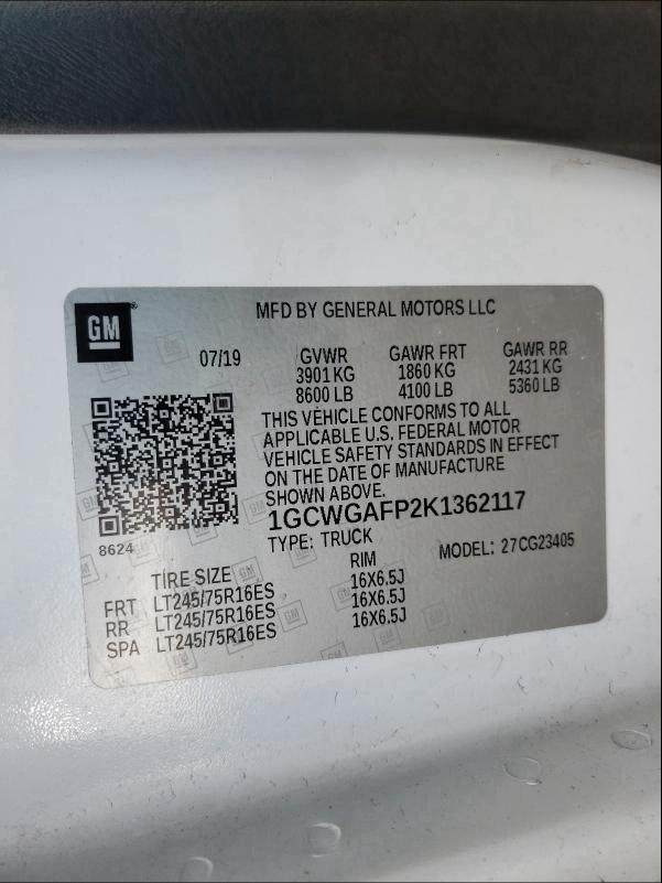 2019 CHEVROLET EXPRESS G2 1GCWGAFP2K1362117
