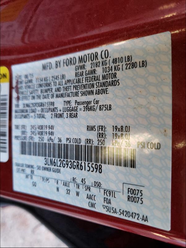 2016 LINCOLN MKZ 3LN6L2G93GR615598