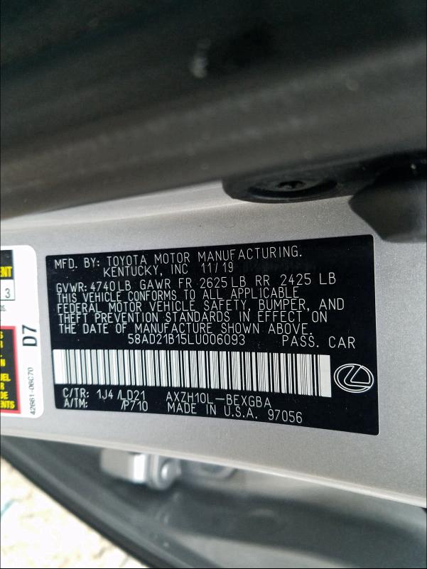 2020 LEXUS ES 300H 58AD21B15LU006093
