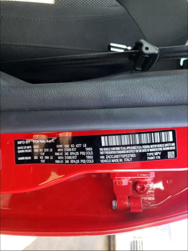 2016 JEEP RENEGADE L ZACCJABT7GPE27963
