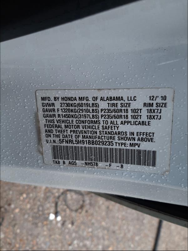 2011 HONDA ODYSSEY TO 5FNRL5H91BB029235