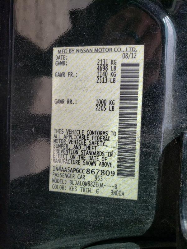 2012 NISSAN MAXIMA 1N4AA5AP6CC867809
