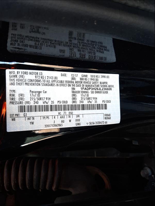 2018 FORD FOCUS 1FADP3H29JL236608
