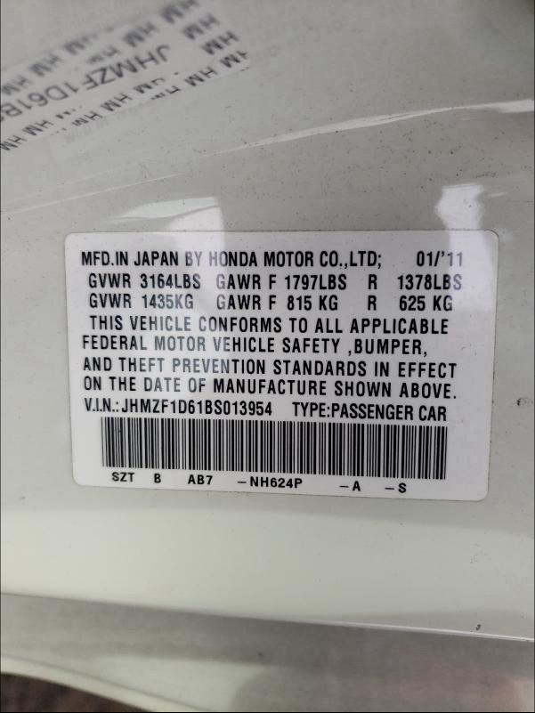 2011 HONDA CR-Z EX JHMZF1D61BS013954