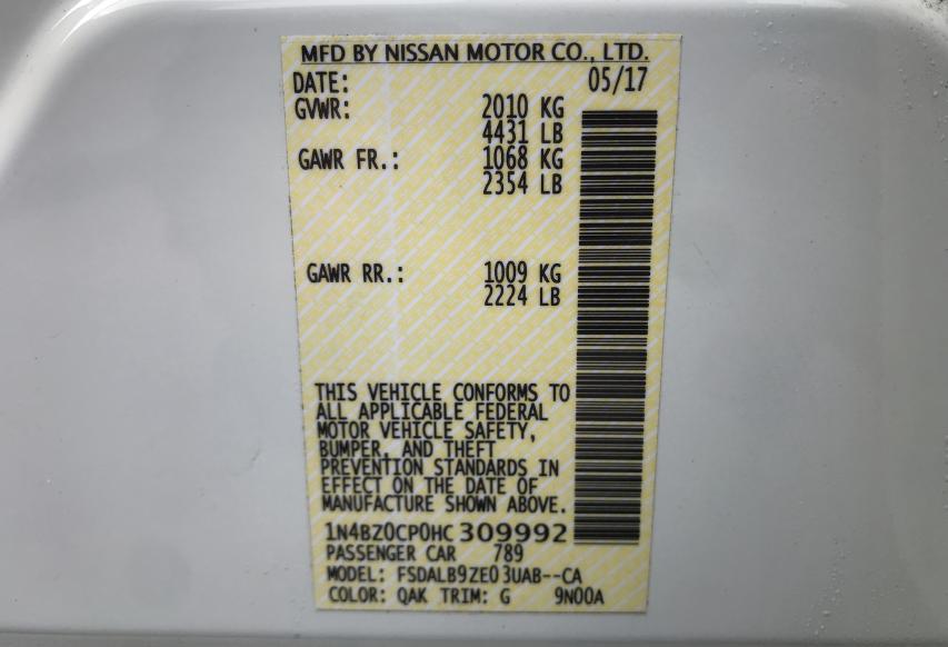 2017 NISSAN LEAF S 1N4BZ0CP0HC309992