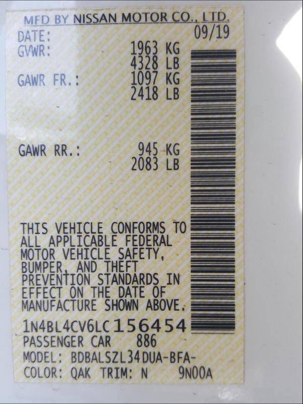 2020 NISSAN ALTIMA SR 1N4BL4CV6LC156454