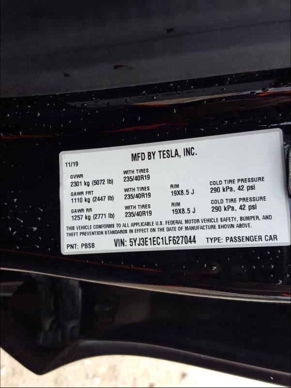2020 TESLA MODEL 3 5YJ3E1EC1LF627044