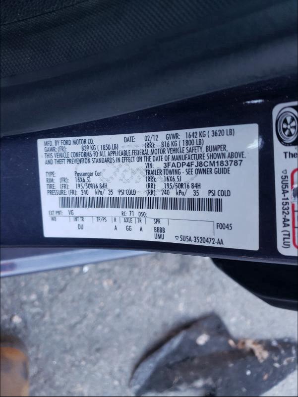 2012 FORD FIESTA SES 3FADP4FJ8CM183787