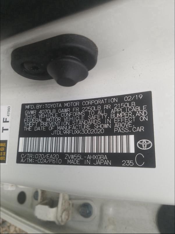 2019 TOYOTA PRIUS - JTDL9RFUXK3002020