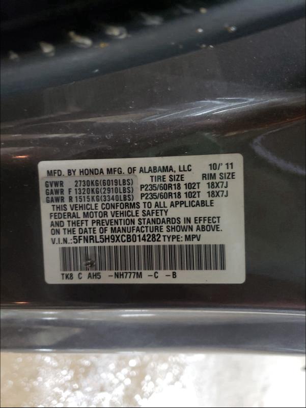 2012 HONDA ODYSSEY TO 5FNRL5H9XCB014282
