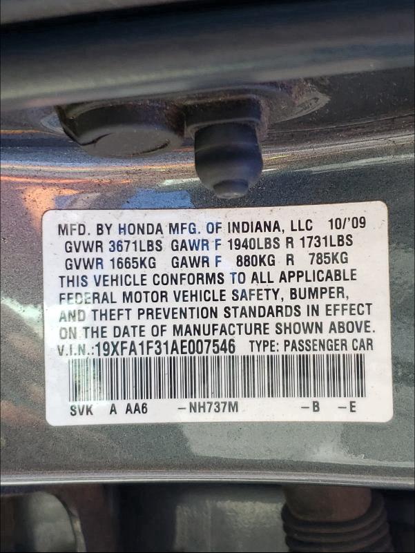 2010 HONDA CIVIC VP 19XFA1F31AE007546