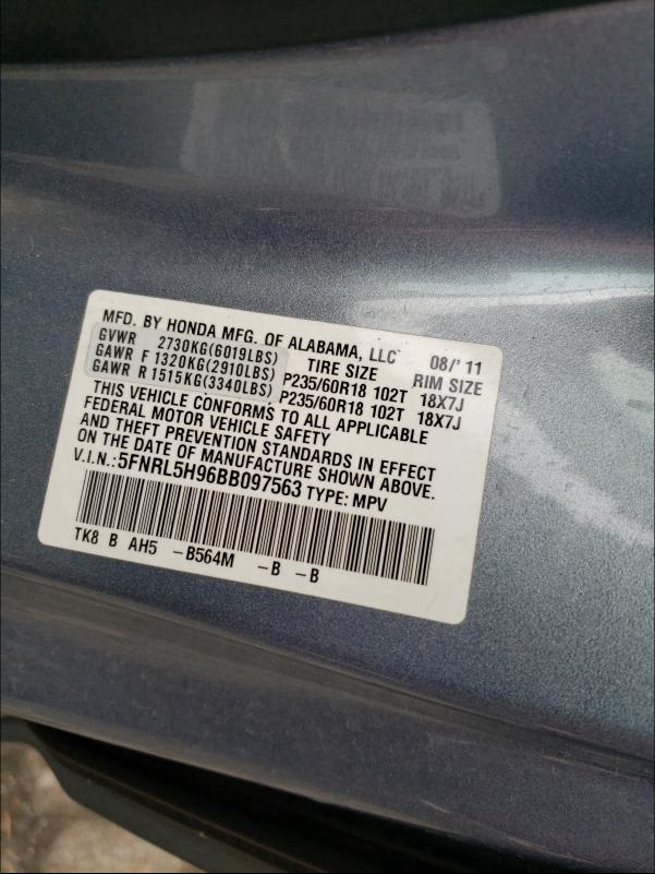 2011 HONDA ODYSSEY 5FNRL5H96BB097563
