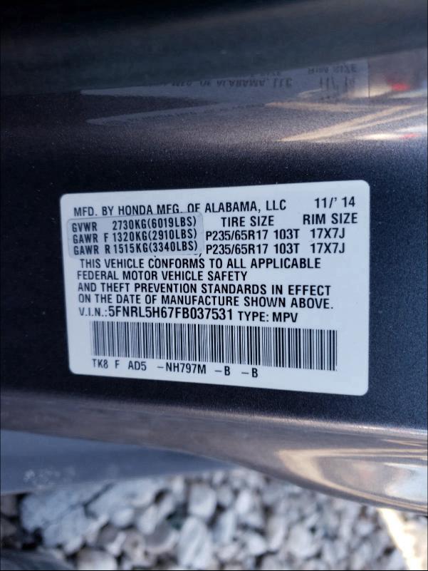 2015 HONDA ODYSSEY EX 5FNRL5H67FB037531