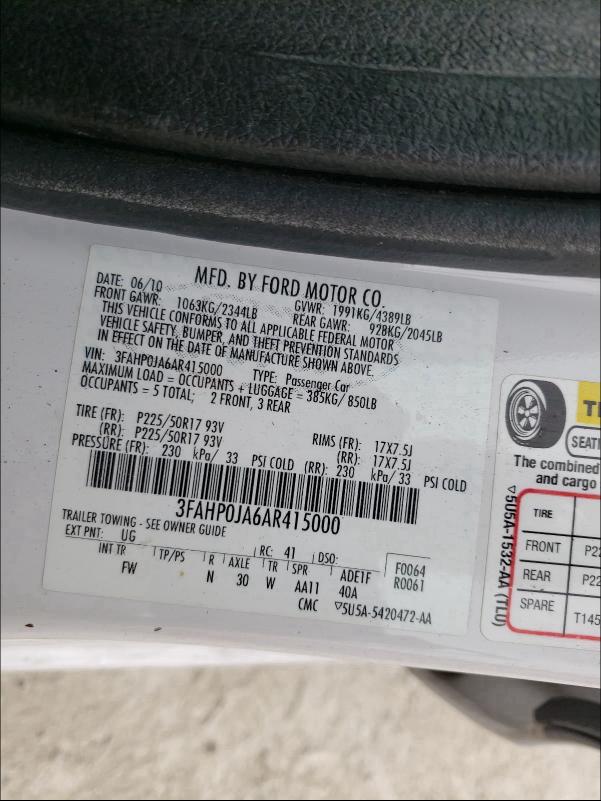 2010 FORD FUSION 3FAHP0JA6AR415000
