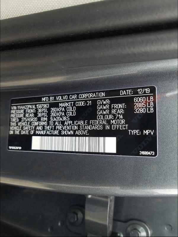 2020 VOLVO XC90 T6 MO YV4A22PK4L1587963