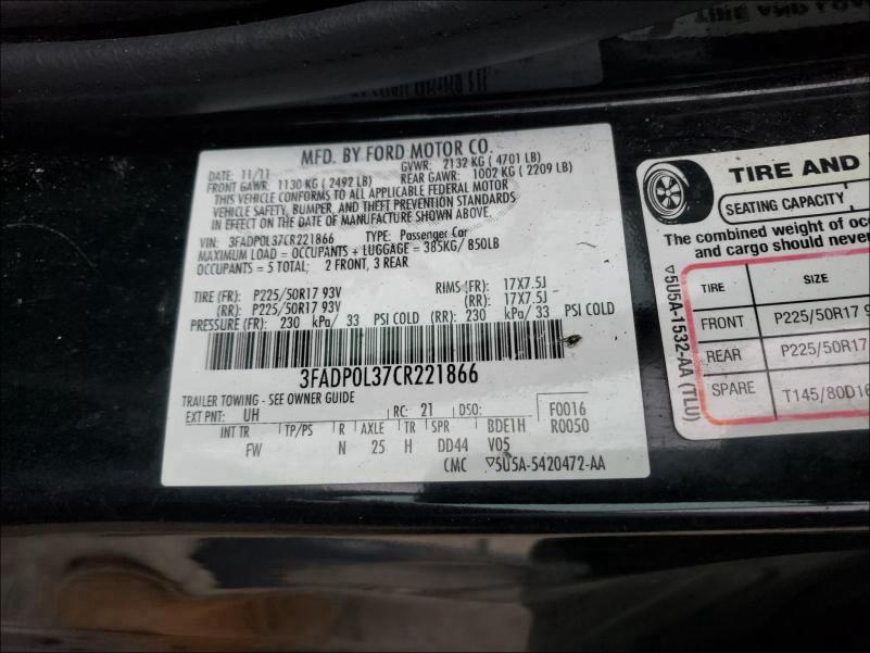 2012 FORD FUSION HYB 3FADP0L37CR221866