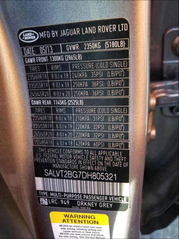 2013 LAND ROVER RANGE ROVE SALVT2BG7DH805321