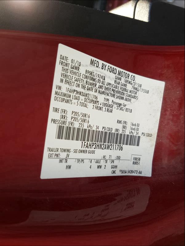 2010 FORD FOCUS SEL 1FAHP3HN2AW211706