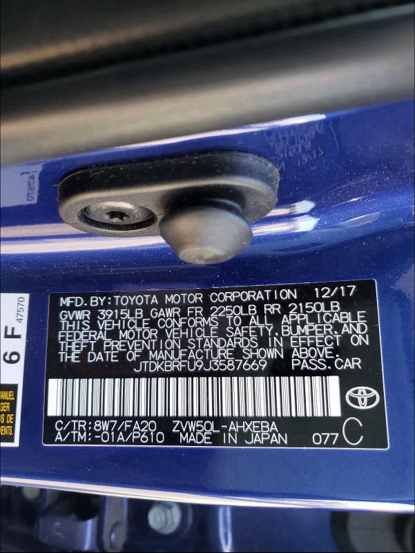 2018 TOYOTA PRIUS - JTDKBRFU9J3587669