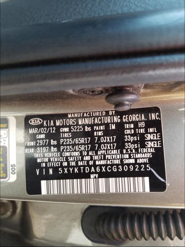 2012 KIA SORENTO BA 5XYKTDA6XCG309225