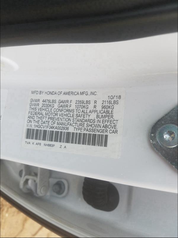 2019 HONDA ACCORD SPO 1HGCV1F34KA002936