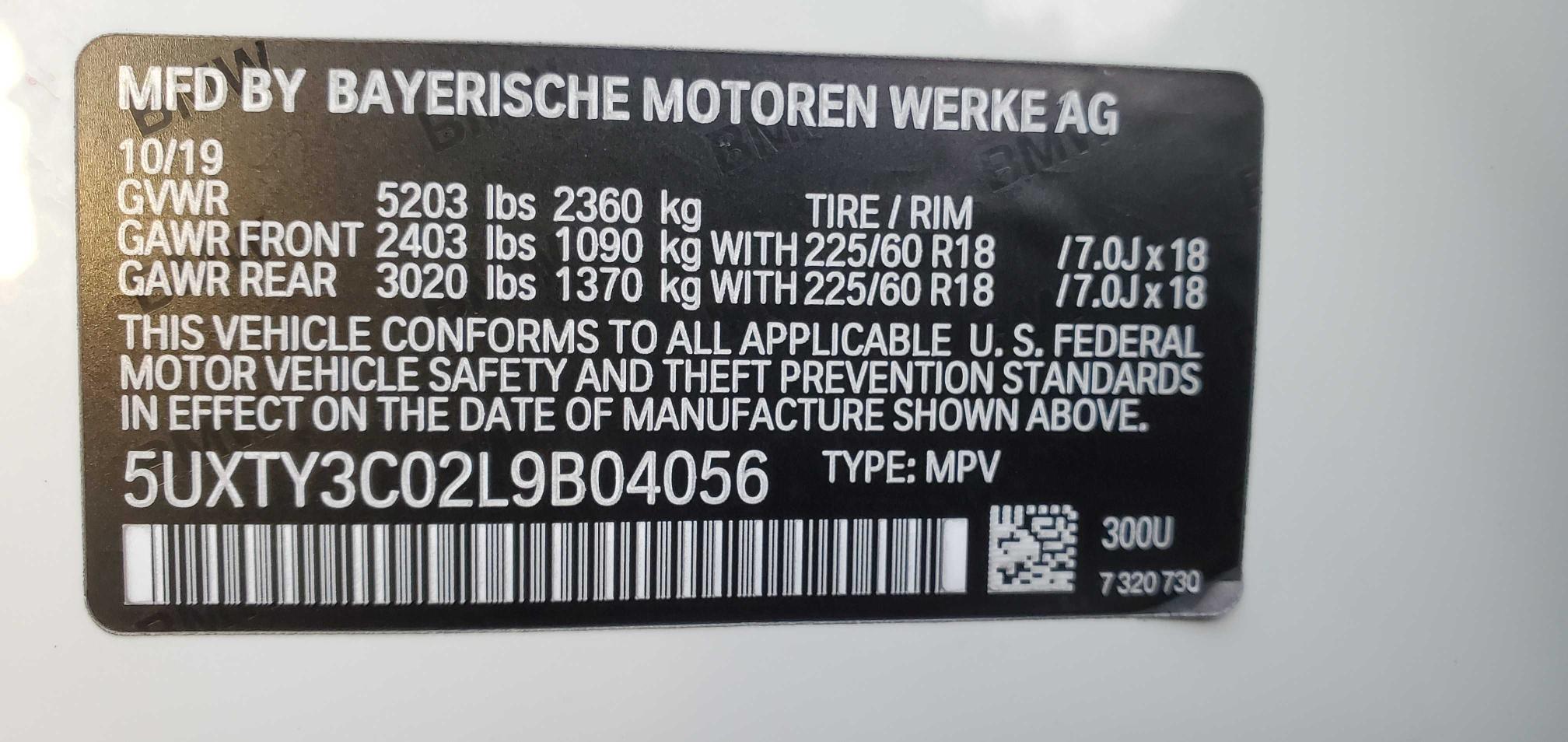 2020 BMW X3 SDRIVE3 5UXTY3C02L9B04056