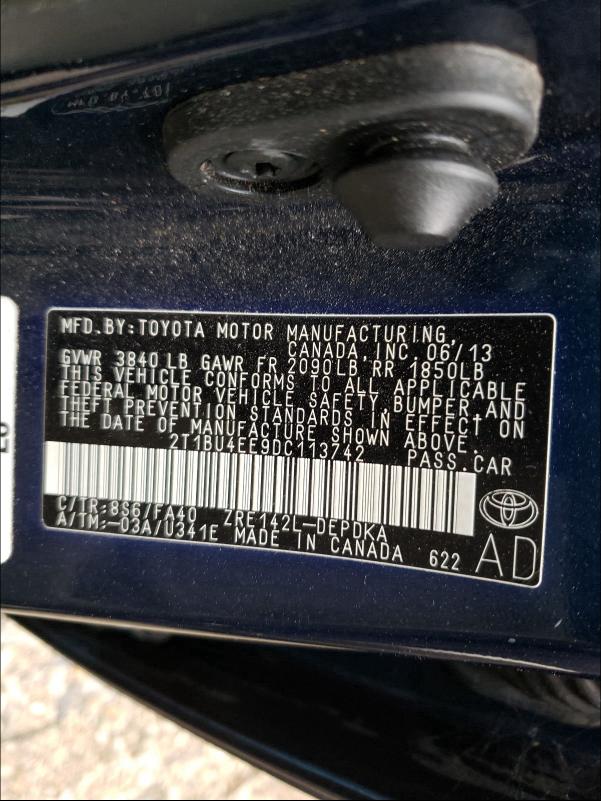 2013 TOYOTA COROLLA BA 2T1BU4EE9DC113742