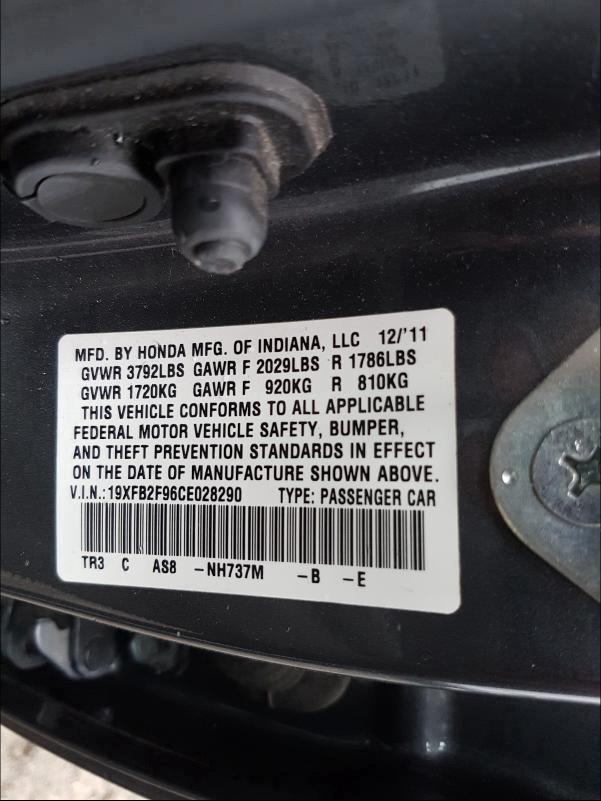 2012 HONDA CIVIC EXL 19XFB2F96CE028290