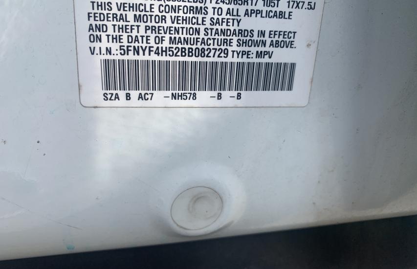 2011 HONDA PILOT EXL 5FNYF4H52BB082729