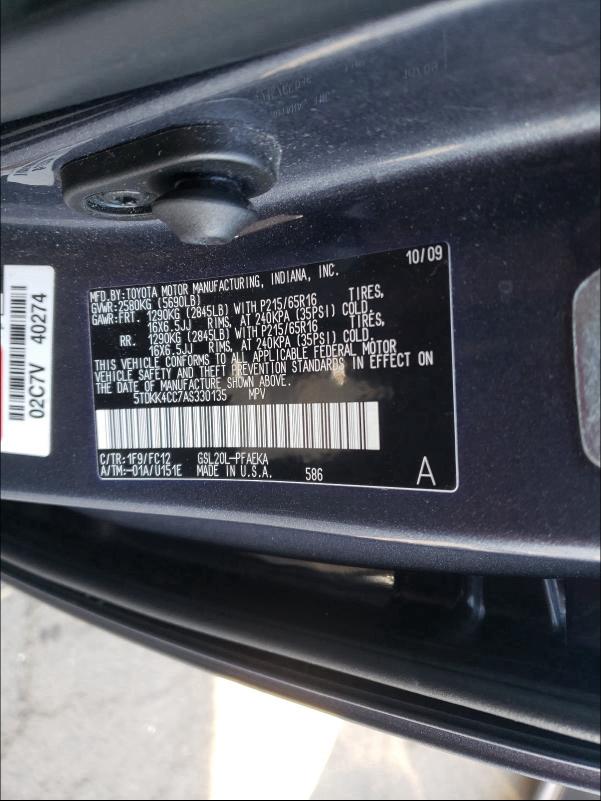 2010 TOYOTA SIENNA CE 5TDKK4CC7AS330135
