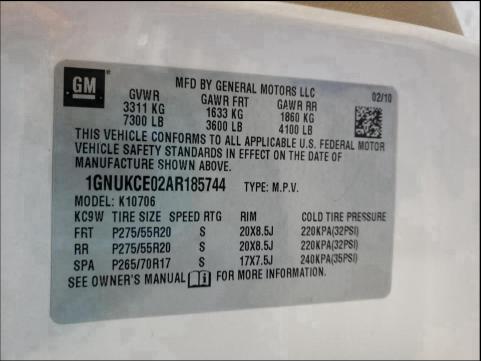 2010 CHEVROLET TAHOE K150 1GNUKCE02AR185744