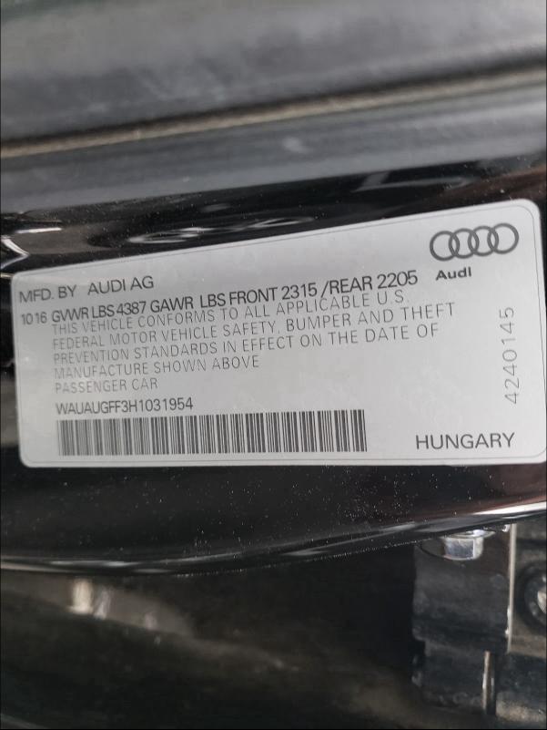 2017 AUDI A3 PREMIUM WAUAUGFF3H1031954