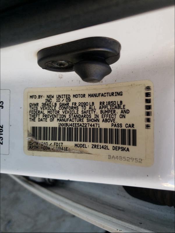 2010 TOYOTA COROLLA BA - 1NXBU4EE5AZ274471
