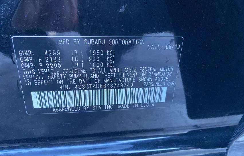 2019 SUBARU IMPREZA PR 4S3GTAD68K3749740