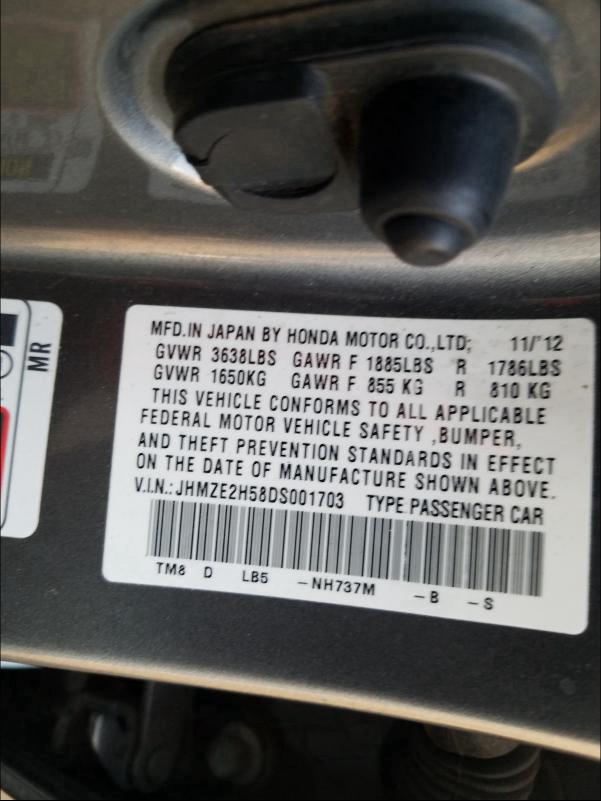 2013 HONDA INSIGHT LX JHMZE2H58DS001703