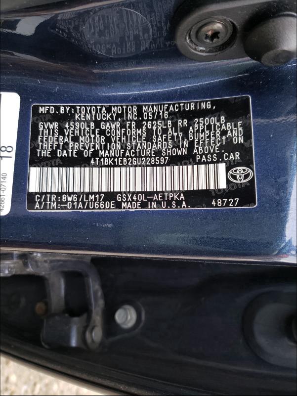 2016 TOYOTA AVALON XLE 4T1BK1EB2GU228597