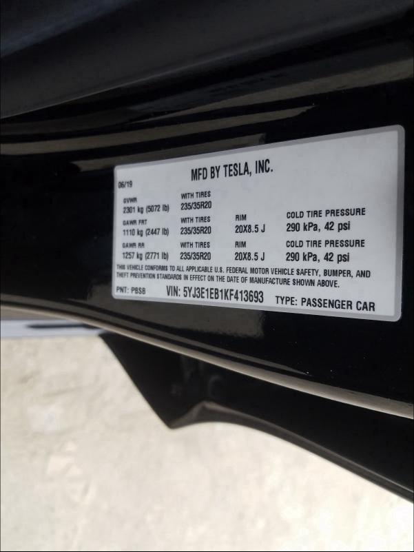 2019 TESLA MODEL 3 5YJ3E1EB1KF413693