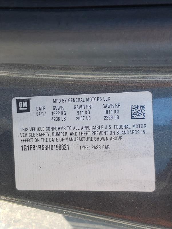 2017 CHEVROLET CAMARO LT 1G1FB1RS3H0198821