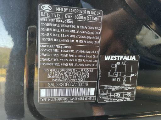 2013 LAND ROVER RANGE ROVE SALGS2DF0DA103219