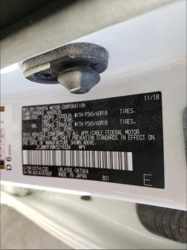 JTJBM7FX8K5219334 2019 Lexus Gx 460 4.6L