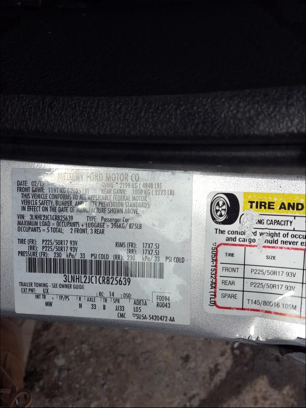 2012 LINCOLN MKZ 3LNHL2JC1CR825639