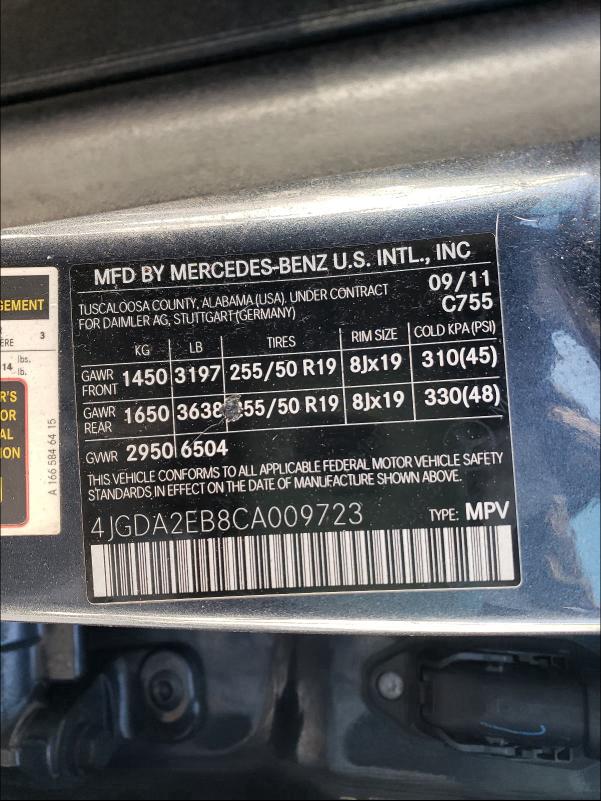 2012 MERCEDES-BENZ ML 350 BLU 4JGDA2EB8CA009723